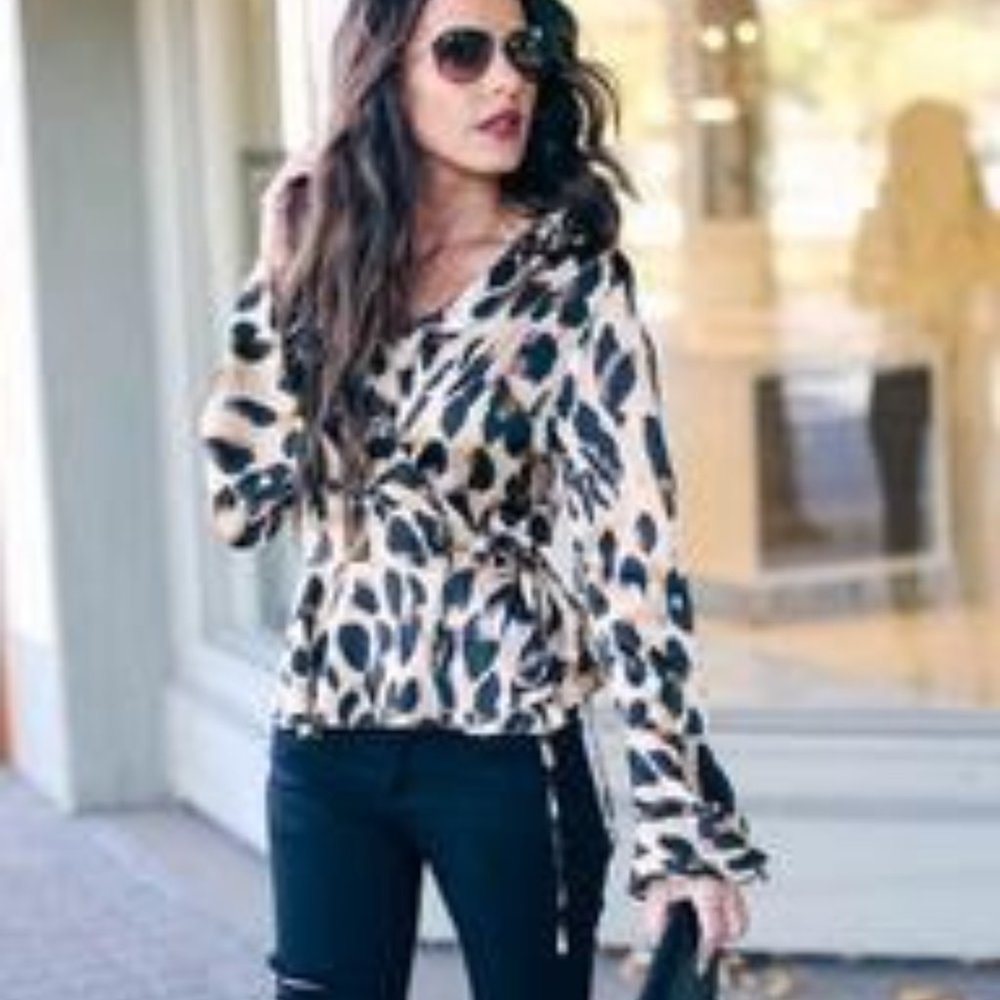 Leopard Print, Wrap Tie, Satin Blouse